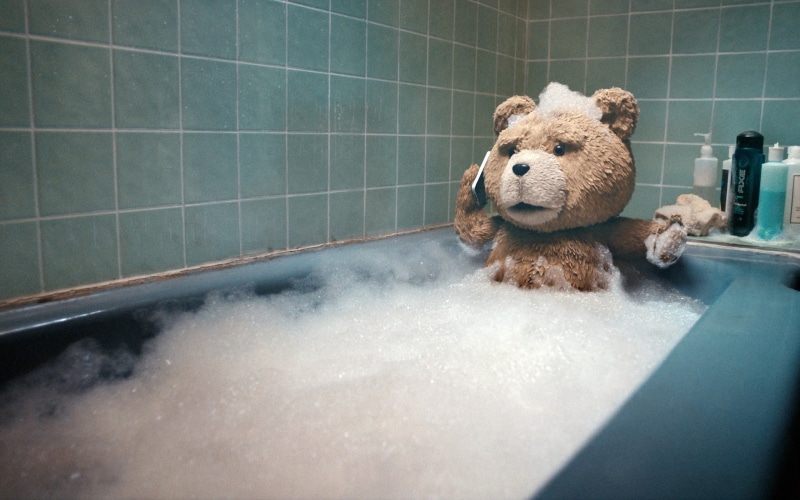 flooring, holding, animal themes, teddy bears, screenshot, bear, teddy Bear, movies, tub, Ted (movie), representation, bathroom, brown, one animal, day