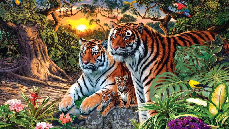 jungle, painting art, cub, cubs, tree, 1080P, forest, tiger family, painting, wild animals, rainforest, naive art, big cats, terrestrial animal, artwork
