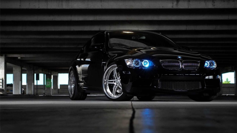 indoors, black cars, BMW, coupe, 1080P, no people, black color, architecture, travel, parking garage, speed, black, land vehicle, night, lighting equipment