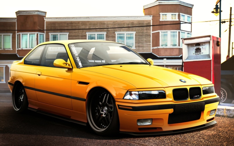 bmw m3, mode of transportation, day, stationary, coupe, yellow, luxury, city, no people, transportation, E36, building exterior, motor vehicle, taxi, street