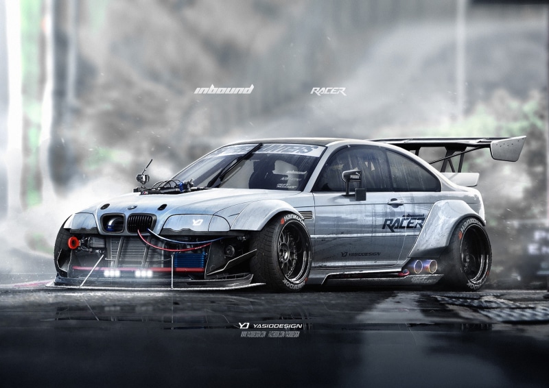 rain, no people, BMW M3 E46, 1080P, car, mode of transportation, motor vehicle, street, transportation, luxury, render, artwork, wealth, YASIDDESIGN, race cars