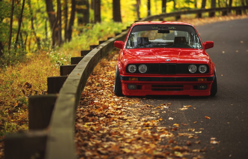leaf, land, red, car, motor vehicle, road, leaves, no people, outdoors, E30, field, 1080P, change, autumn, plant, selective focus, tree, mode of transportation