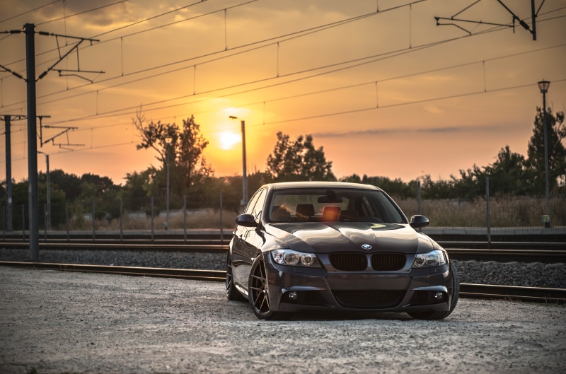 Deep Concave, mode of Transport, orange color, power line, mini Cooper, compact Car, E90, bumper, series, lens flare, reflection, tree, urban Scene, classic