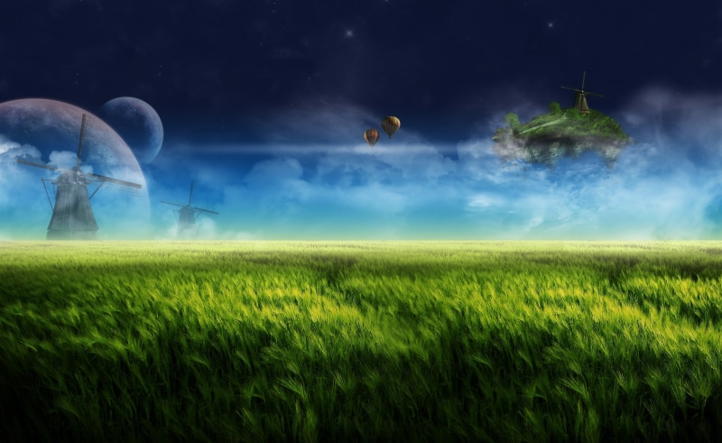 nature, grass, rural scene, digital composite, green color, environment, tranquil scene, no people, cereal plant, tranquility, power in nature, crop, scenics - nature