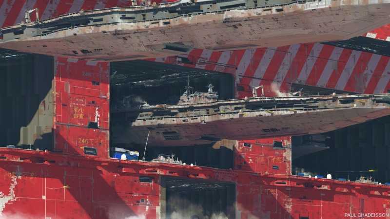 science fiction, metal, damaged, construction industry, industry, bridge, architecture, red, transportation, Paul Chadeisson, vehicle, built structure