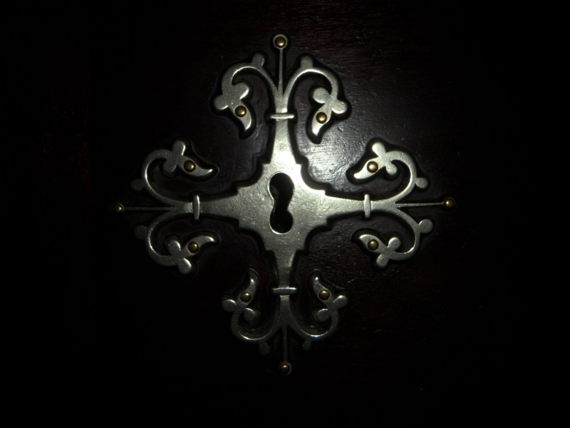 closed, metal, indoors, key hole, black background, floral pattern, no people, middle ages, 4K, door, key, hole, door knocker, completed, scrolled, fitting