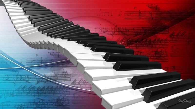 musical, 3d and abstract, piano, music, blue, white, keys, piano keys, old, notes, black, time, abstract, vintage, illustration, 1080P