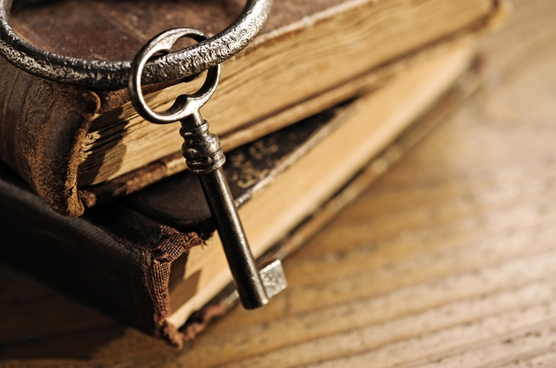 antique, bible, brown, key, publication, christianity, ring, old, no people, skeleton, knowledge, bokeh, wood, table, hardcover book, religion, leather