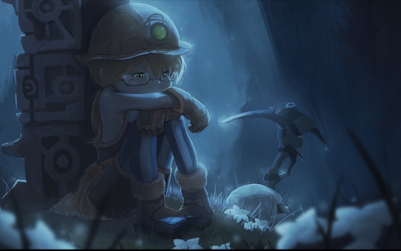 skull, Made in Abyss, Riko (Made in Abyss), pickaxes, flowers, Miner (Workers), 2K