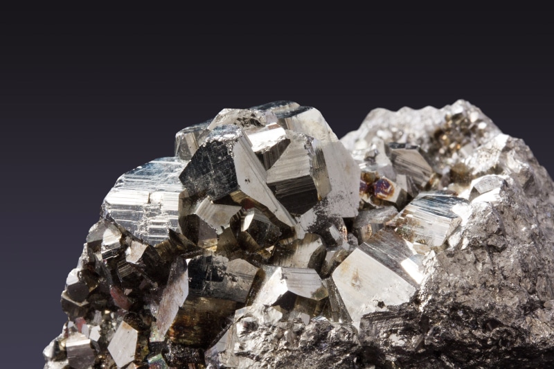 nature, idiomorphe crystals, sparkle, shiny, metal industry, material, pyrites, stone, solid, black background, steel, chrome, white, metal, no people