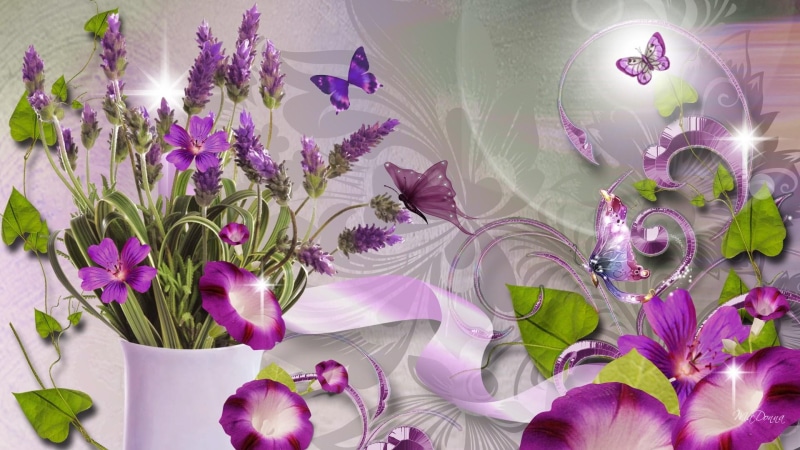 lovely, amethyst, flare, firefox persona, lavender, 1080P, flowers, butterfly, vase, sparkle, stars, 3d and abstr, leaves, shine