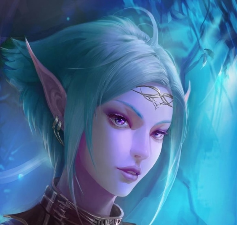 close-up, young women, contemplation, fantasy, indoors, 480P, human face, elf, luminos, Alef, amethyst eyes, one person, portrait, looking at camera, hair