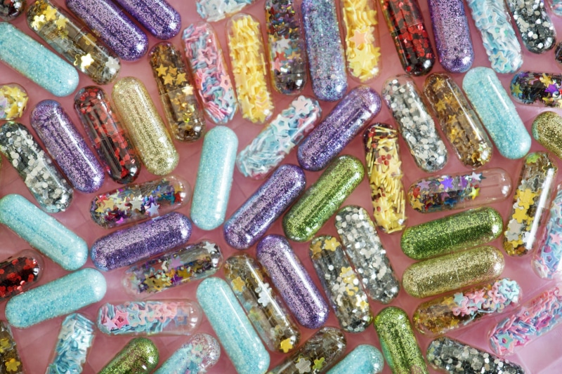 entertainment, cute, sweet food, glow, variation, rainbow, doctor, valentine, indoors, style, high angle view, medicine, glitter, lot, close-up, confetti