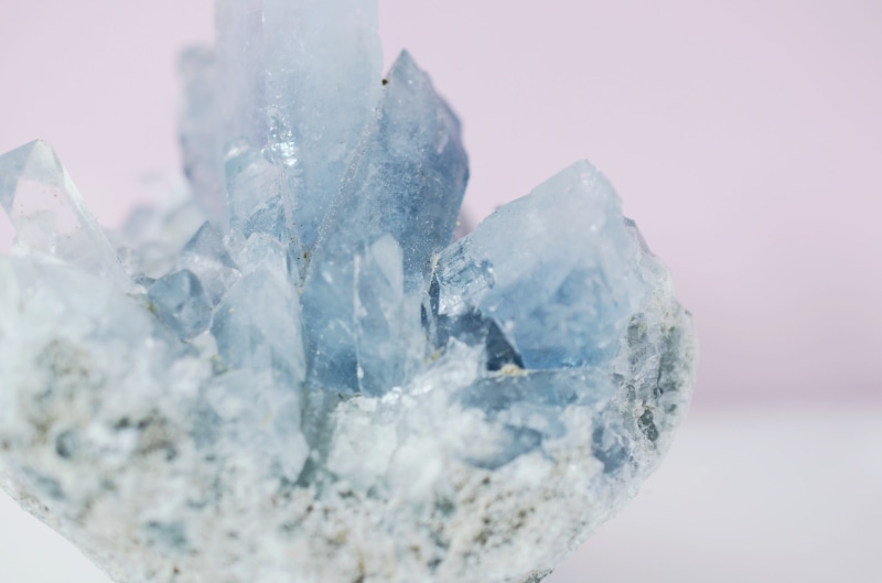 focus on foreground, studio shot, still life, pastel, celestine, mineral, nature, quartz, gemstone, rock, geology, precious gem, semi-precious gem, rock - object