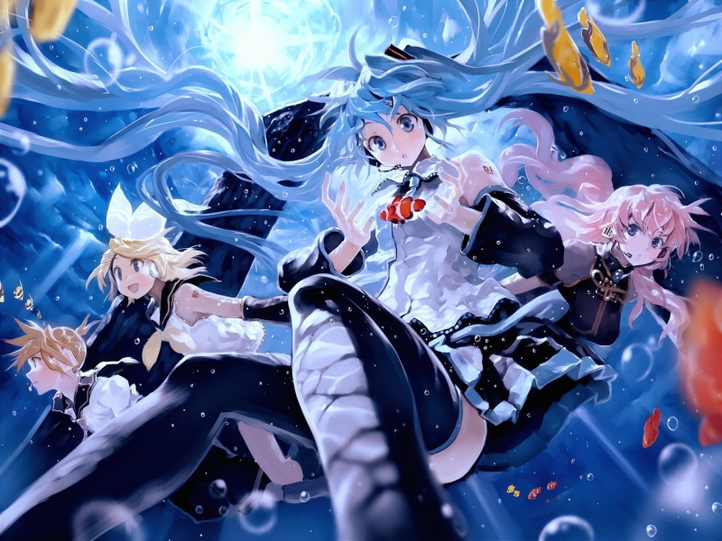 three, Hatsune Miku, thigh-highs, anime, close-up, pink hair, anime boys, long hair, Kagamine Len, large group of animals, no people, animal, Vocaloid