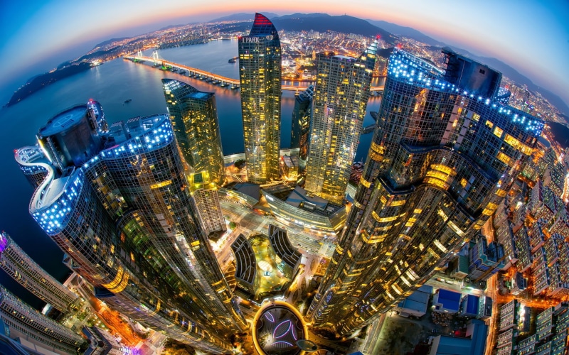 illuminated, skyscraper, architecture, built structure, night, fish-eye lens, cityscape, red, building exterior, tall - high, outdoors, blue, financial district