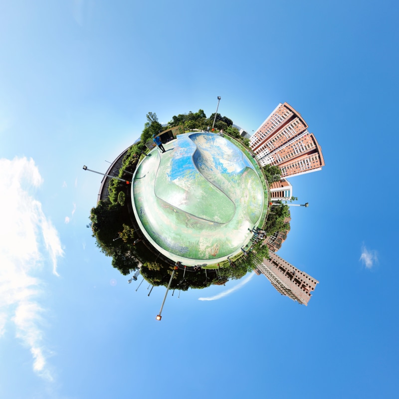 small, photosphere, distorted image, tree, skateboarder, skatepark, day, miniworld, sky, circle, skate, 4K, adobe, creative, architecture, digital composite