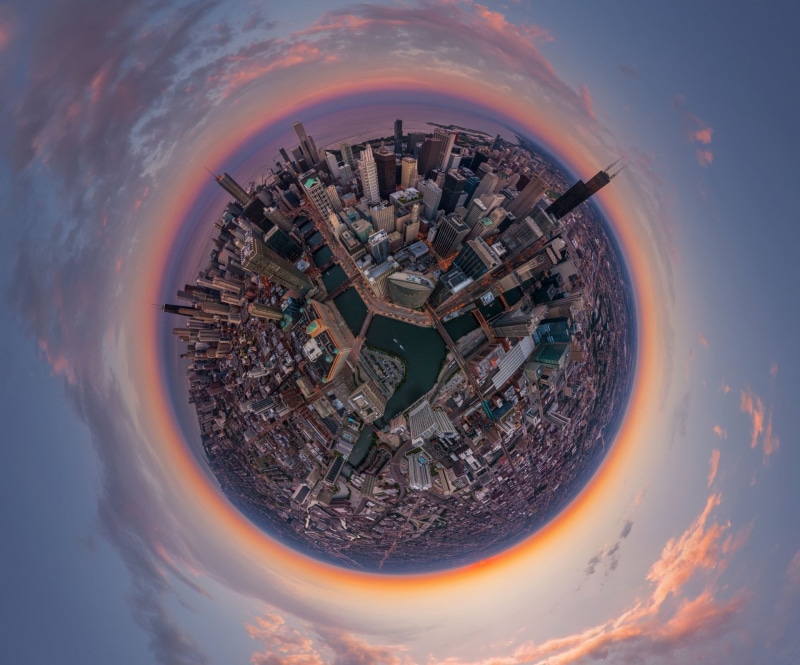 skyscraper, crowded, nature, sunset, circle, built structure, building exterior, eye, Chicago, aerial view, city, digital composite, building, fish, cloud - sky