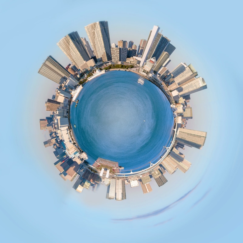 planet earth, 2K, directly below, globe, 360, nature, urban, skyscraper, circle, sphere, miniature, fish-eye lens, newyork, office building exterior, world