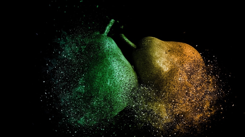 yellow, fruits, destroy, pears, 4K, green, explosion, digital art