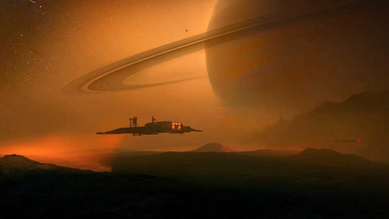 fantasy art, mode of transportation, afterglow, flying, science fiction, motion, dusk, space, sky, beauty in nature, landscape, environment, spaceship