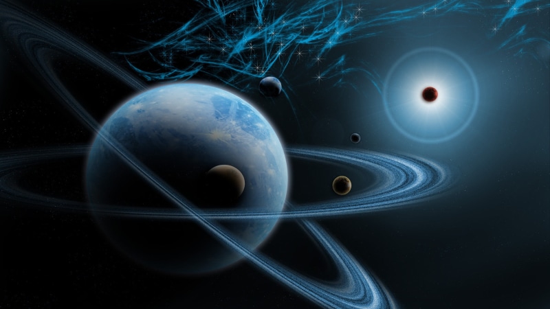 solar system, dark, no people, abstract, globe - man made object, 2K, CGI, connection, black background, planet, planetary rings, three dimensional
