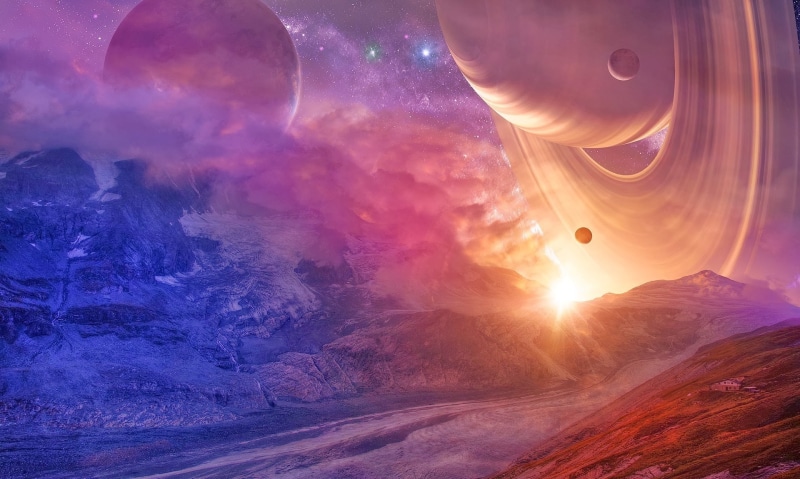 environment, cloud - sky, beauty in nature, no people, moonlight, night, purple, glowing, moon, multi colored, outdoors, space art, space, mountains, planetary rings