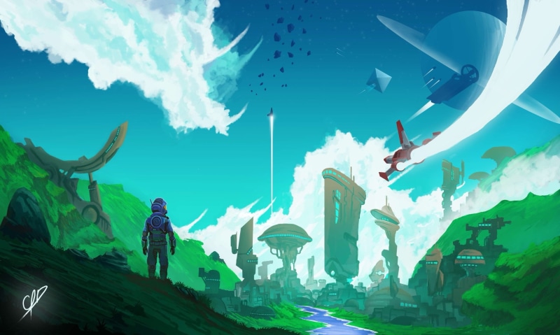 representation, architecture, 1080P, outdoors, fan art, man, group of people, No Mans Sky NEXT, built structure, day, video games, tank, No Mans Sky, futuristic