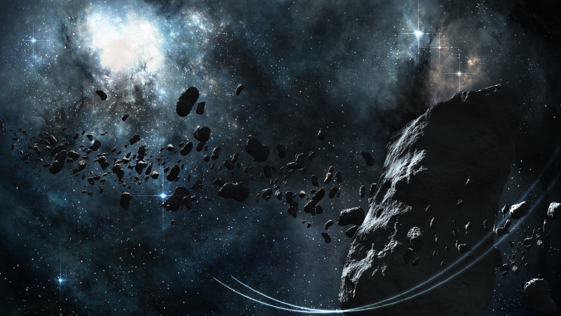 scenics - nature, dark, sea, low angle view, science, night, milky, milky Way, solid, space, weather, space art, rock, galactic, way, black Color, nebula