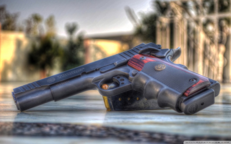 pistol, focus on foreground, Taurus, single object, selective focus, 1080P, HDR, plant, toy, outdoors, black, red, violence, no people, close-up, nature