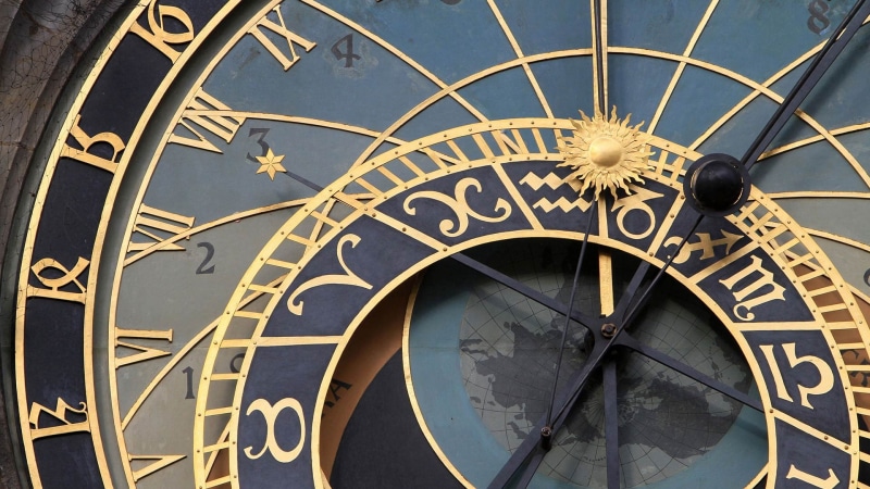 astrology sign, history, architecture, building exterior, roman numeral, number, close-up, astronomical clock, ornate, astrology, clock, clocks, no people
