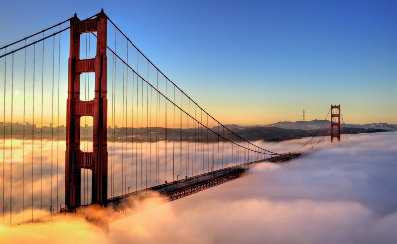 golden, bridge - man made structure, suspension bridge, bridge, tourism, nature, travel destinations, travel, fog, outdoors, bay of water, water, 2K, transportation