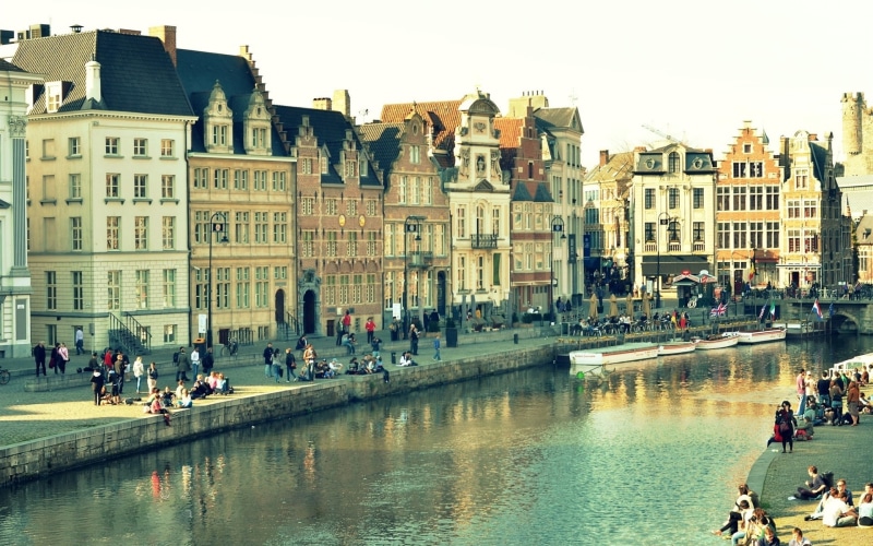 Houses, People, Belgium, Ghent, View, River, 1080P, City