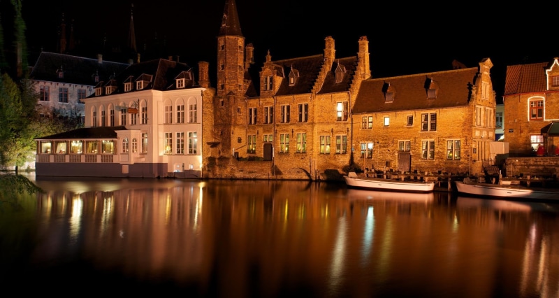 nature and landscapes, belgium, river, houses, architekture, lights, city, night, brugge, 1080P