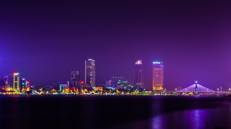 skyscraper, bridge, residential district, reflection, downtown district, Vietnam, sky, financial district, night, illuminated, Han River, city, cityscape