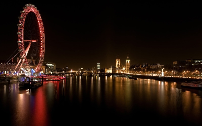 ferris wheel, river, amusement park ride, reflection, city, connection, eye, illuminated, architecture, travel destinations, water, night, waterfront, 1080P