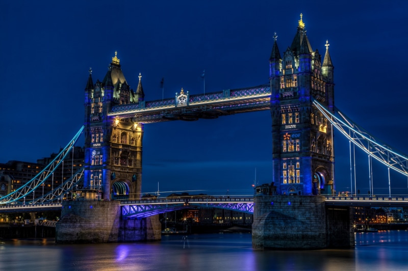 1080P, city, Tower Bridge, London, blue, England, Thames, capital, tower, bridge, UK, sky, lights, Night, river
