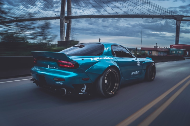 Rocket Bunny, 2K, blue cars, Mazda RX-7, Mazda, sports car, bridge