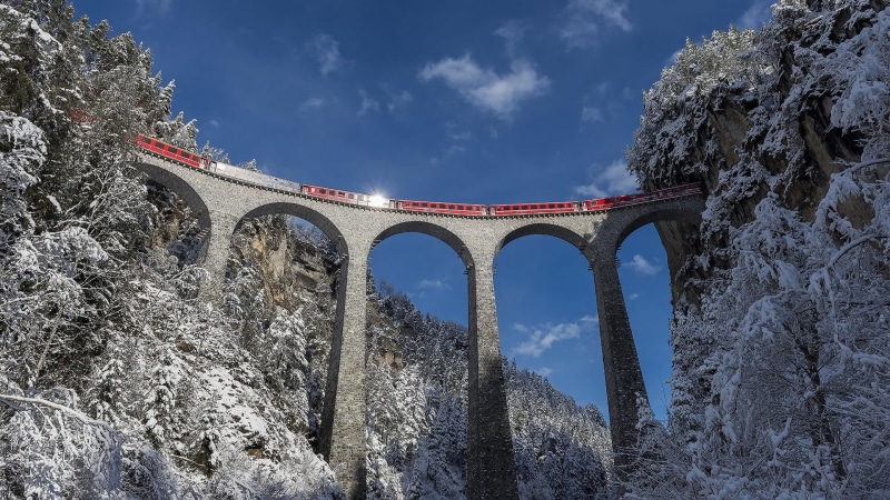 built structure, red train, bernina express, rhaetian railways, switzerland, bridge - man made structure, arch bridge, train, freezing, mountain, landwasser viaduct