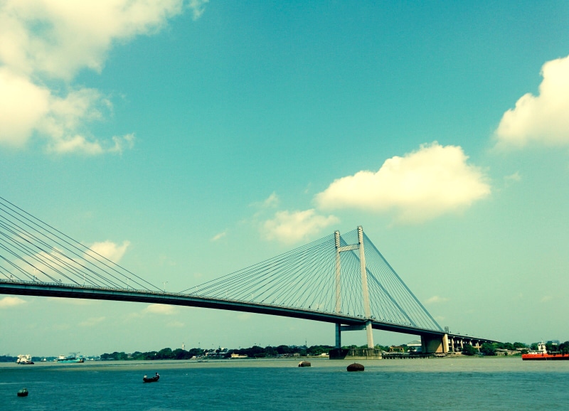 india, long, sky, cable-stayed bridge, built structure, river, engineering, architecture, outdoors, bluesky, bay, water, filter, incredibleindia, vidyasagar setu