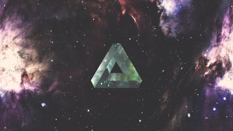1080P, Penrose triangle, space, nebula, lighting equipment, illuminated, night, wood - material, triangle shape, galaxy, outdoors, logo, star, green, astronomy
