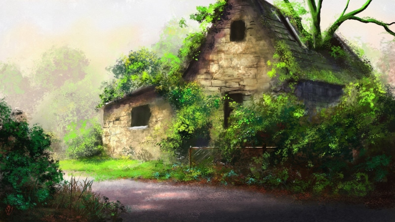 trails, houses, painting, trees, 1080P, peabody, beautiful