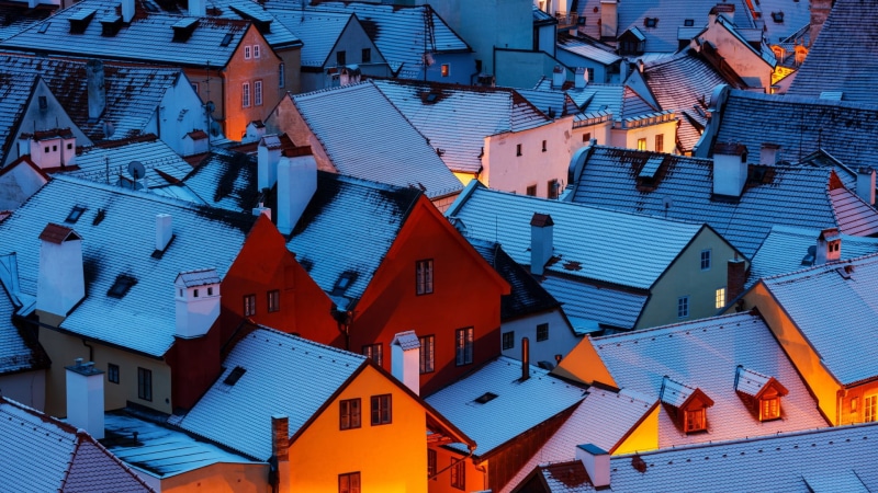 nature, large group of objects, village, white, house, rooftops, lights, multi colored, roofs, blue, built structure, outdoors, snow, roof, building, 1080P