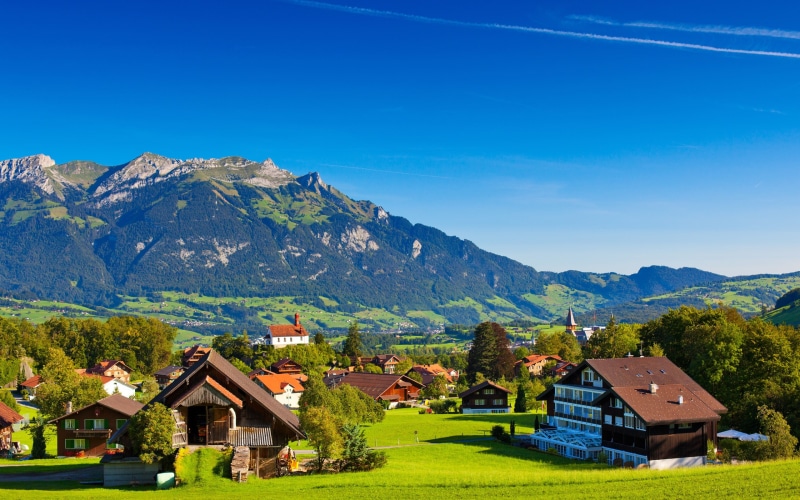 Nature, 2K, gray, Switzerland, wooden, Houses, Greenery, Mountains, Summer, brown, Alps, house