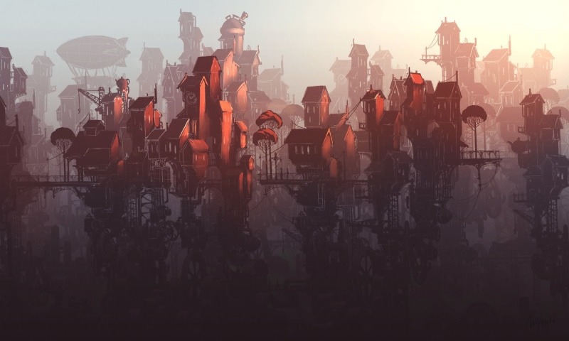 building exterior, urban skyline, silhouette, architecture, sunset, digital composite, outdoors, crowd, steampunk, built structure, men, Zeppelin