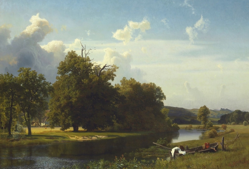 Westphalia, Albert Bierstadt, picture, 1080P, landscape, river, boat