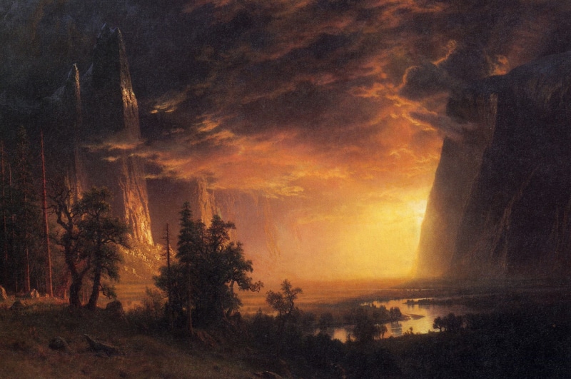 landscape, rocks, clouds, Albert Bierstadt, 1080P, mountains, picture, Sunset in the Yosemite Valley