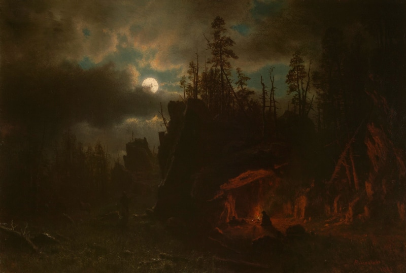 The Camp Of Hunters, The moon, landscape, Albert Bierstadt, night, 1080P, picture