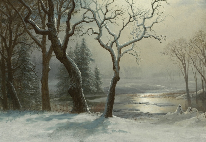 Winter in Yosemite, river, Albert Bierstadt, snow, picture, 1080P, trees, landscape
