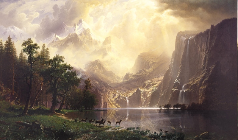 landscape lake mountain waterfall animals snow trees fantasy art albert bierstadt, land, tree, tranquil scene, forest, outdoors, sky, water, pine tree